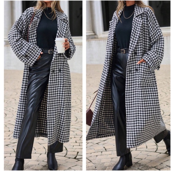 Jackets & Blazers - Classic Cotton Houndstooth Print Pockets Oversized Jacket Coat